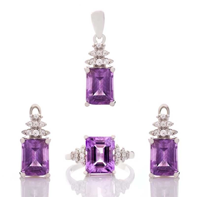 Сребърен комплект Багет- Естествен Аметист 6,15 ct. СКТ54 Сребърен комплект Багет- Естествен Аметист 6,15 ct. СКТ54