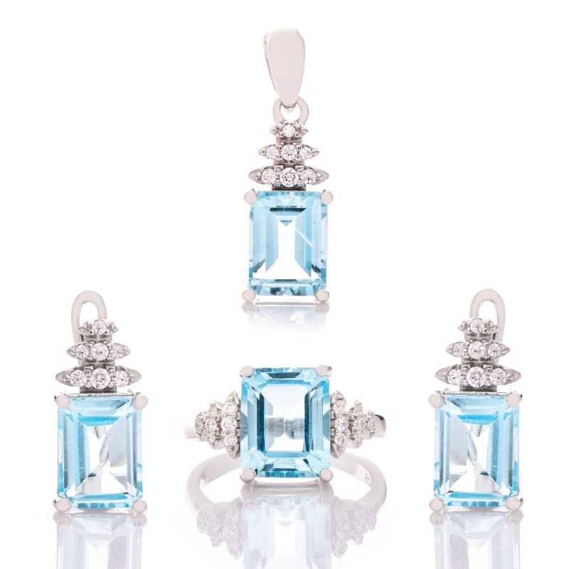 Сребърен комплект Багет - Естествен Син Топаз 8,30 ct.