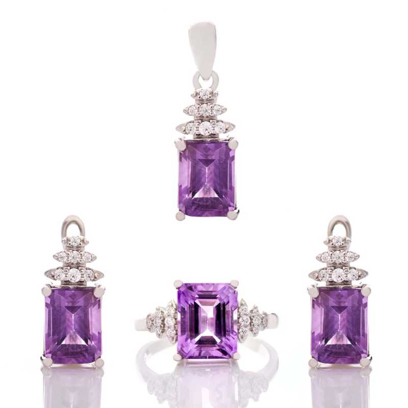 Сребърен комплект Багет- Естествен Аметист 6,15 ct.