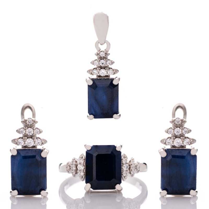 Сребърен комплект Багет - Естествен Сапфир 7,80 ct.