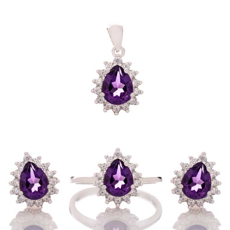 Сребърен комплект - Естествен Аметист Капка 3,40 ct.