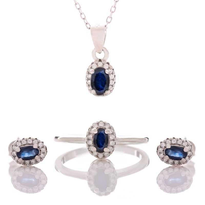 Сребърен комплект - Естествен Сапфир и Циркони 1,40 ct.
