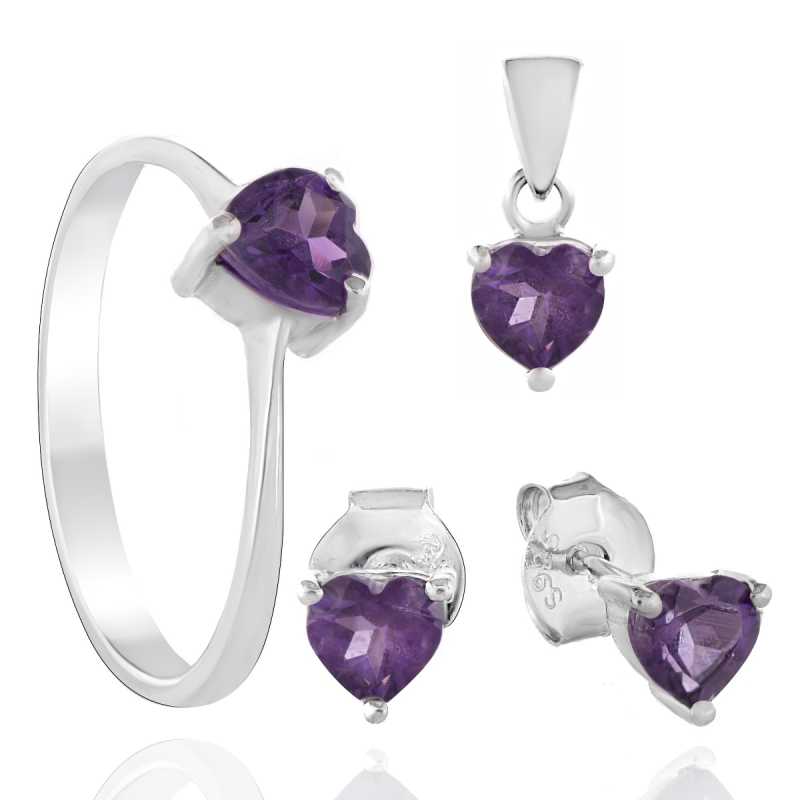 Нежен Сребърен Комплект - Сърца от Аметист 1,60 ct.